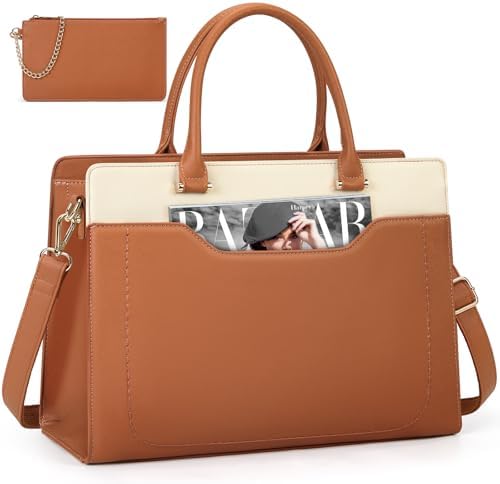 Women's 15.6 Inch Waterproof Leather Laptop Tote Bag for Work Office Travel Teacher College, Brown White